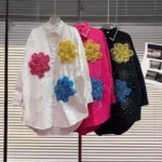 Trendy Women's Nail Beading Spliced 3D Flower Shirt 2025 Autumn Long Sleeves Lapel Blouse Female