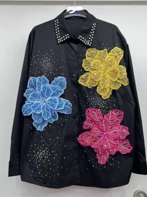 Trendy Women's Nail Beading Spliced 3D Flower Shirt 2025 Autumn Long Sleeves Lapel Blouse Female